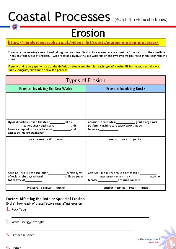 Coastal Processes (Watch the video clip below) Erosion https: //timeforgeography. co. uk/videos_list/coasts/marine-erosion-processes/ Erosion is