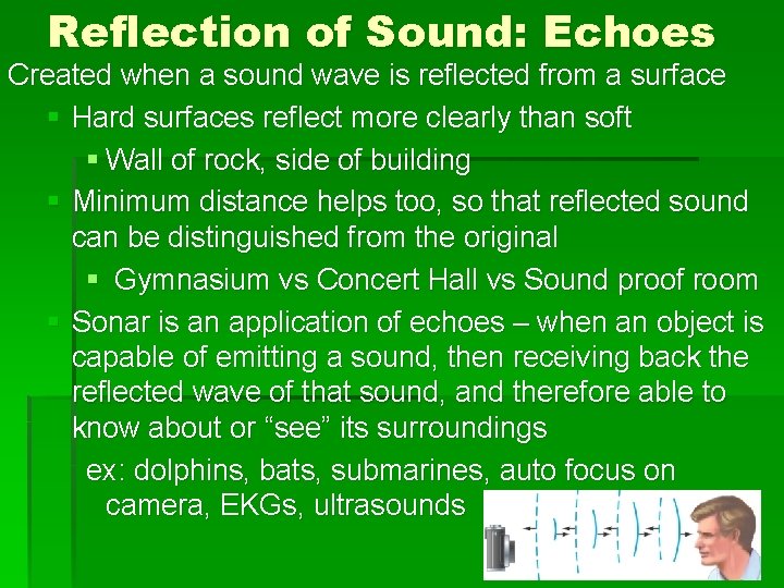Reflection of Sound: Echoes Created when a sound wave is reflected from a surface