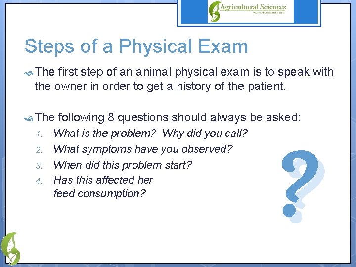 Steps of a Physical Exam The first step of an animal physical exam is