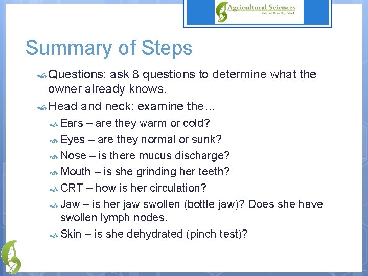 Summary of Steps Questions: ask 8 questions to determine what the owner already knows.