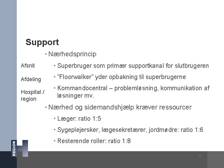 Support • Nærhedsprincip Afsnit • Superbruger som primær supportkanal for slutbrugeren Afdeling • ”Floorwalker”