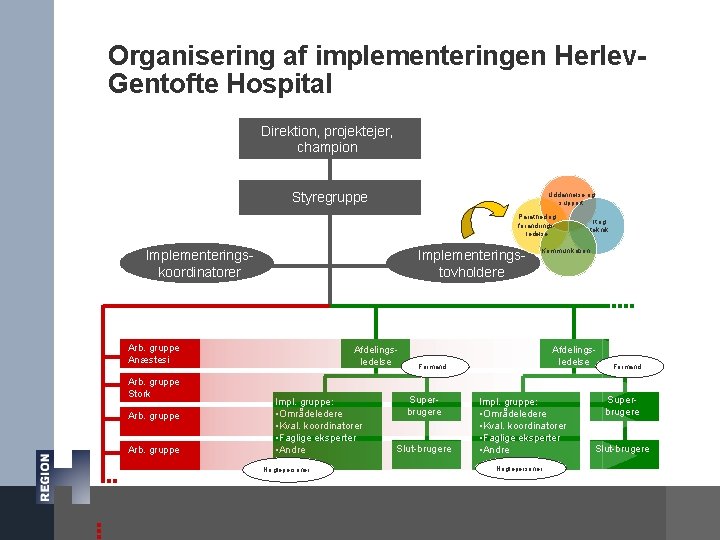 Organisering af implementeringen Herlev. Gentofte Hospital Direktion, projektejer, champion Styregruppe Uddannelse og support Parathed