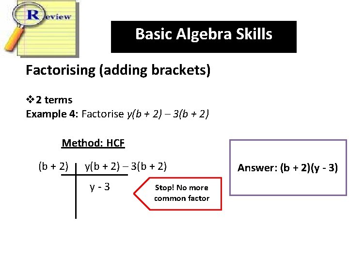 Basic Algebra Skills Factorising (adding brackets) v 2 terms Example 4: Factorise y(b +