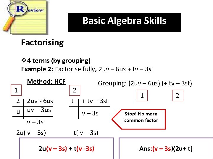 Basic Algebra Skills Factorising v 4 terms (by grouping) Example 2: Factorise fully, 2