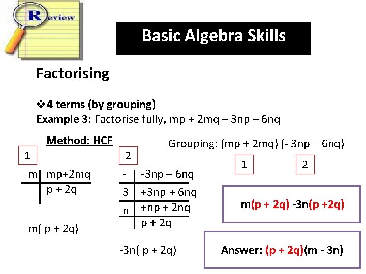 Basic Algebra Skills Factorising v 4 terms (by grouping) Example 3: Factorise fully, mp