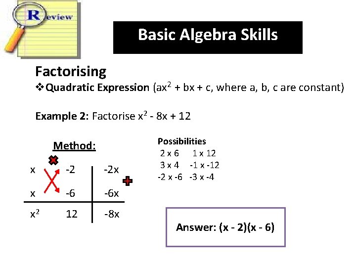 Basic Algebra Skills Factorising v. Quadratic Expression (ax 2 + bx + c, where