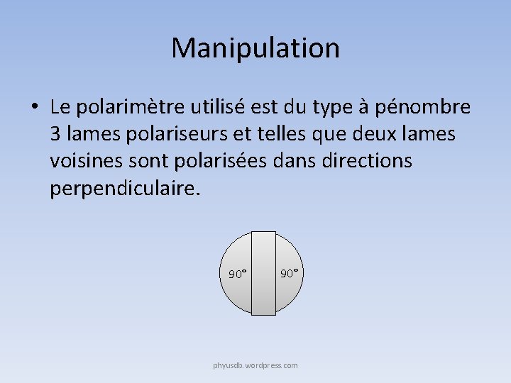 Manipulation • Le polarimètre utilisé est du type à pénombre 3 lames polariseurs et