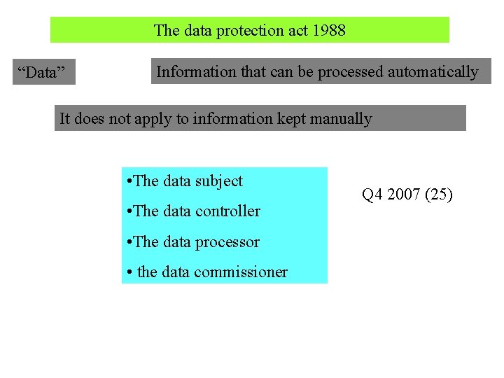 The data protection act 1988 “Data” Information that can be processed automatically It does