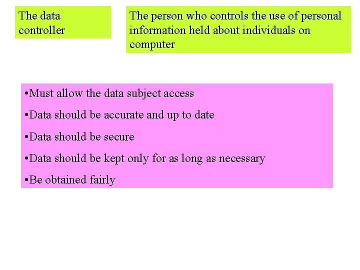 The data controller The person who controls the use of personal information held about