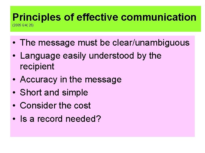 Principles of effective communication (2005 Q 4( 25) • The message must be clear/unambiguous