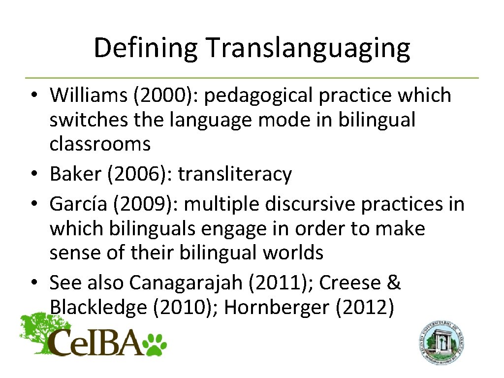 Defining Translanguaging • Williams (2000): pedagogical practice which switches the language mode in bilingual