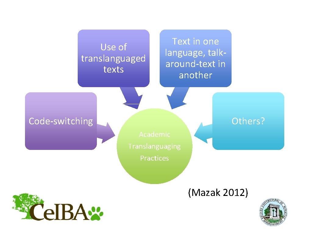 Use of translanguaged texts Text in one language, talkaround-text in another Code-switching Others? Academic