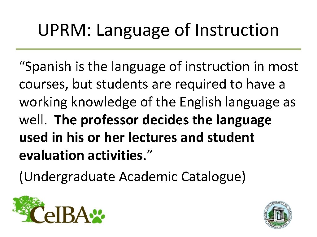UPRM: Language of Instruction “Spanish is the language of instruction in most courses, but