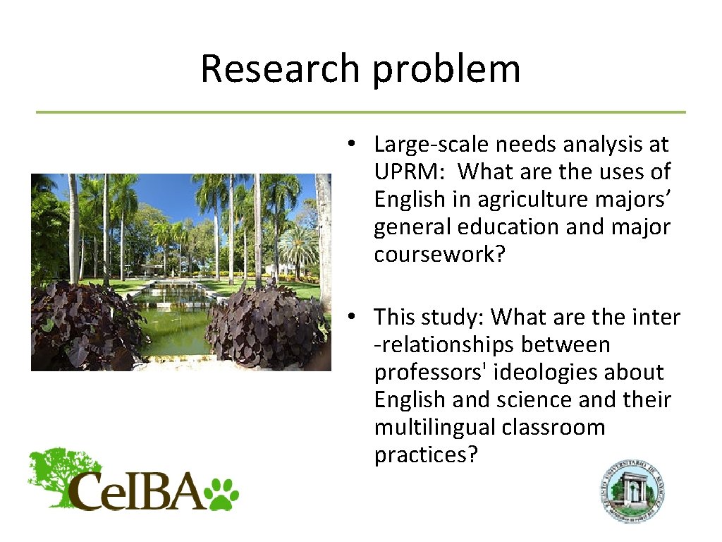 Research problem • Large-scale needs analysis at UPRM: What are the uses of English