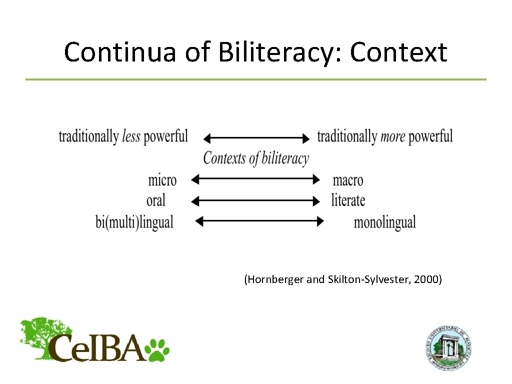 Continua of Biliteracy: Context (Hornberger and Skilton-Sylvester, 2000) 