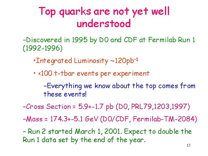 Top quarks are not yet well understood –Discovered in 1995 by D 0 and