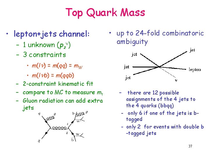 Top Quark Mass • lepton+jets channel: – 1 unknown (pz ) – 3 constraints