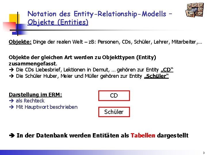 Notation des Entity-Relationship-Modells – Objekte (Entities) Objekte: Dinge der realen Welt – z. B: