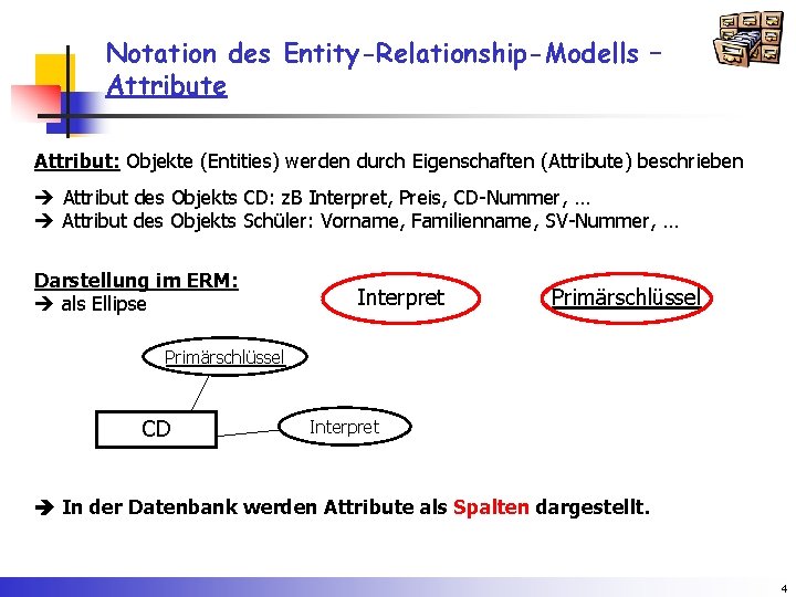Notation des Entity-Relationship-Modells – Attribute Attribut: Objekte (Entities) werden durch Eigenschaften (Attribute) beschrieben Attribut