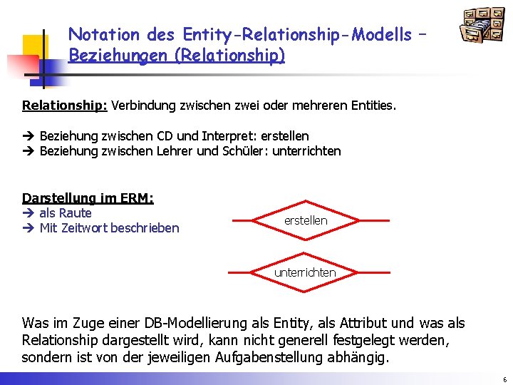 Notation des Entity-Relationship-Modells – Beziehungen (Relationship) Relationship: Verbindung zwischen zwei oder mehreren Entities. Beziehung