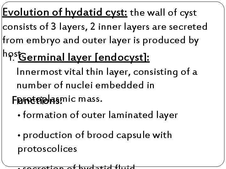 Evolution of hydatid cyst: the wall of cyst consists of 3 layers, 2 inner