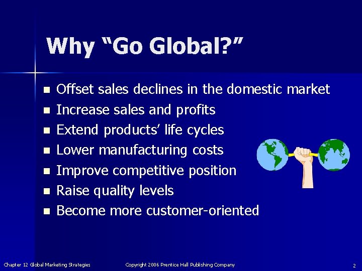 Why “Go Global? ” n n n n Offset sales declines in the domestic