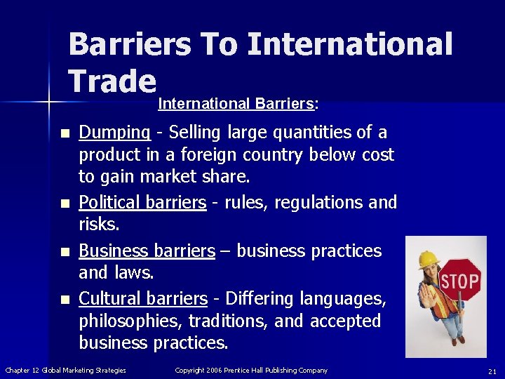 Barriers To International Trade International Barriers: n n Dumping - Selling large quantities of