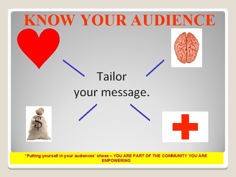 KNOW YOUR AUDIENCE Tailor your message. *Putting yourself in your audiences’ shoes – YOU