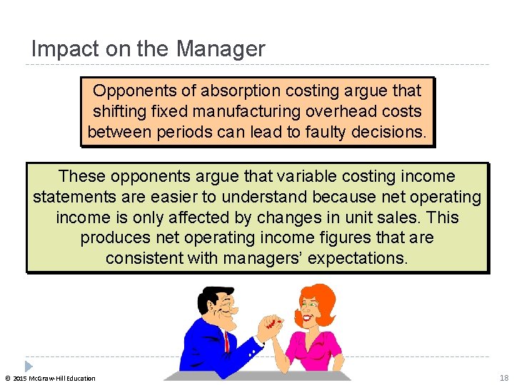 Impact on the Manager Opponents of absorption costing argue that shifting fixed manufacturing overhead