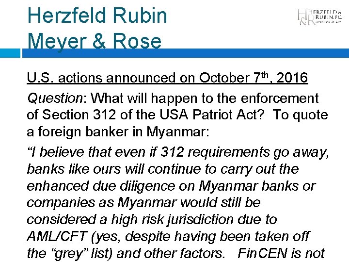 Herzfeld Rubin Meyer & Rose U. S. actions announced on October 7 th, 2016