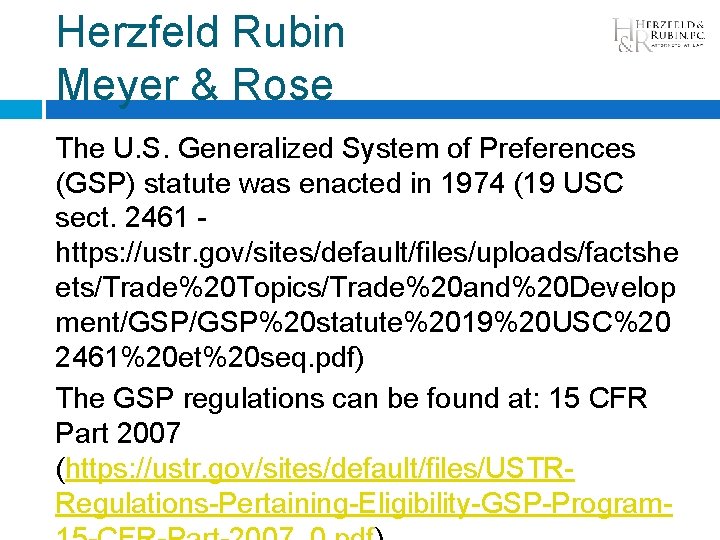 Herzfeld Rubin Meyer & Rose The U. S. Generalized System of Preferences (GSP) statute