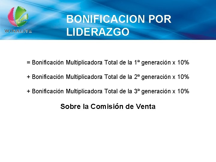 BONIFICACION POR LIDERAZGO = Bonificación Multiplicadora Total de la 1ª generación x 10% +