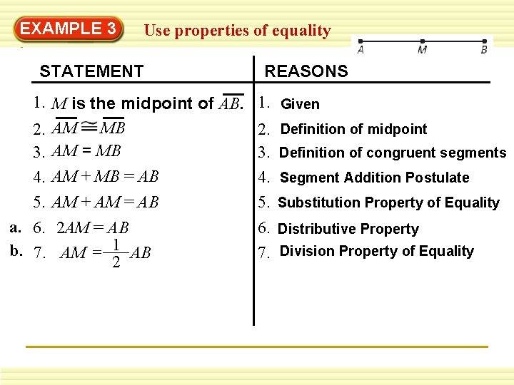 EXAMPLE 3 Use properties of equality STATEMENT 1. M is the midpoint of AB.
