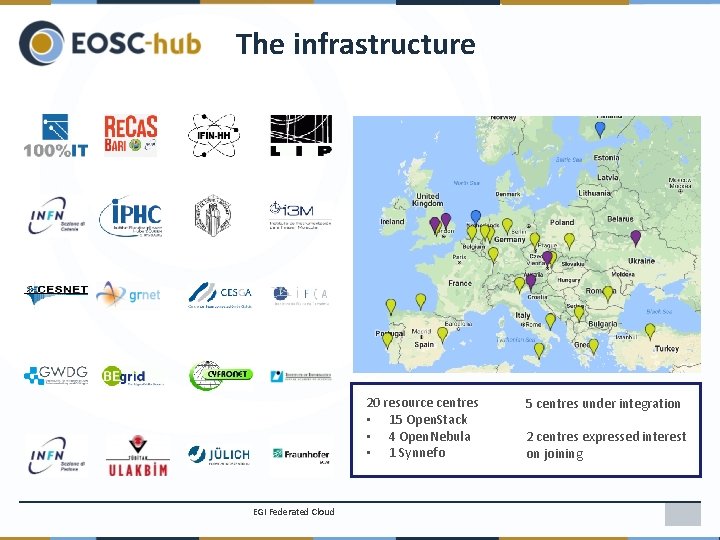 The infrastructure 20 resource centres • 15 Open. Stack • 4 Open. Nebula •