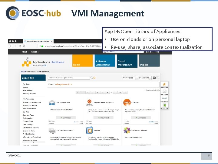 VMI Management App. DB Open Library of Appliances • Use on clouds or on