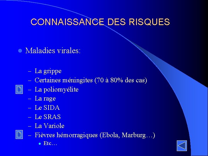 CONNAISSANCE DES RISQUES l Maladies virales: – – – – La grippe Certaines méningites