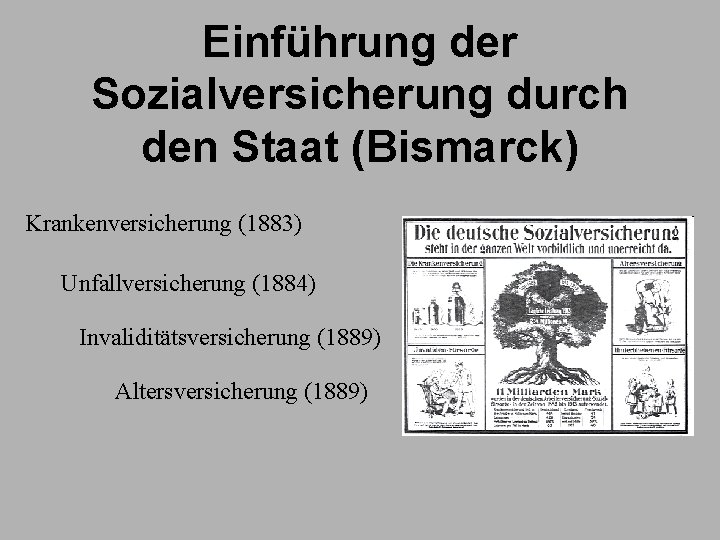 Einführung der Sozialversicherung durch den Staat (Bismarck) Krankenversicherung (1883) Unfallversicherung (1884) Invaliditätsversicherung (1889) Altersversicherung