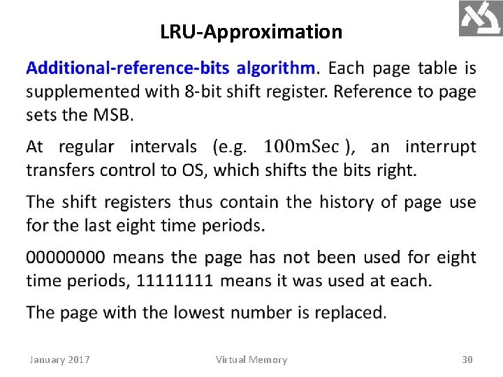 LRU-Approximation January 2017 Virtual Memory 30 