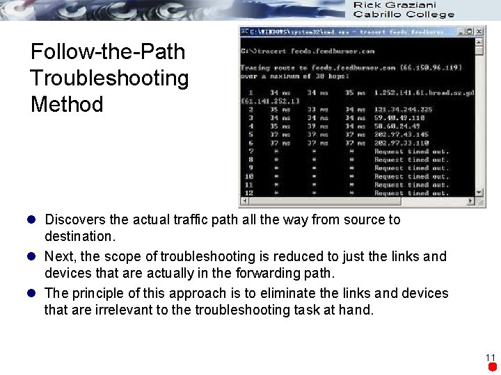 Follow-the-Path Troubleshooting Method l Discovers the actual traffic path all the way from source