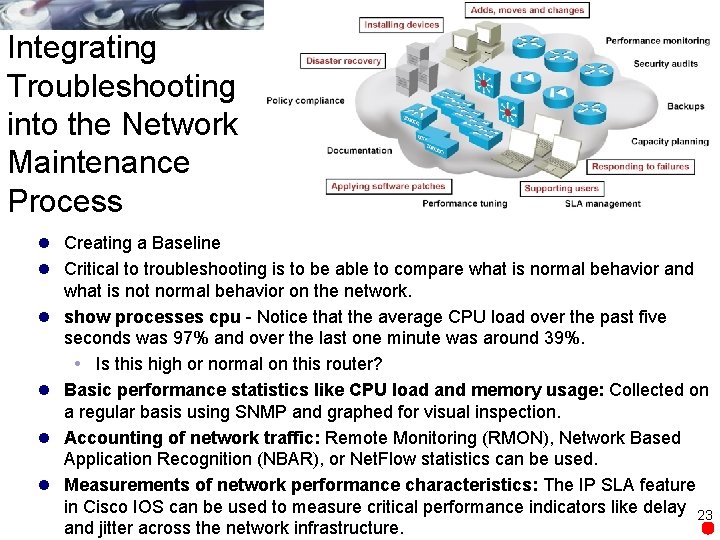 Integrating Troubleshooting into the Network Maintenance Process l Creating a Baseline l Critical to