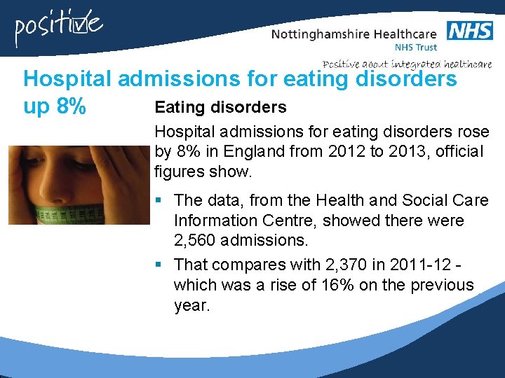 Hospital admissions for eating disorders Eating disorders up 8% Hospital admissions for eating disorders