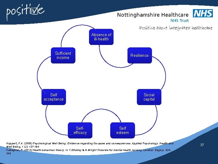 Absence of ill-health Sufficient income Resilience Self acceptance Social capital Selfefficacy Self esteem Huppert,