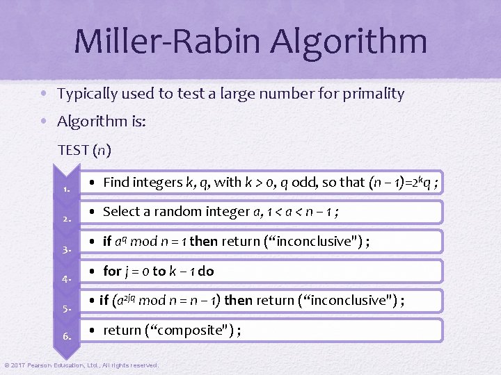 Miller-Rabin Algorithm • Typically used to test a large number for primality • Algorithm