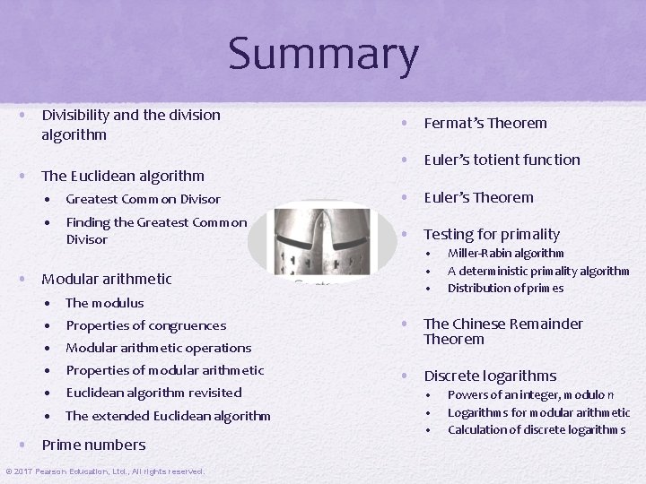 Summary • Divisibility and the division algorithm • The Euclidean algorithm • Fermat’s Theorem