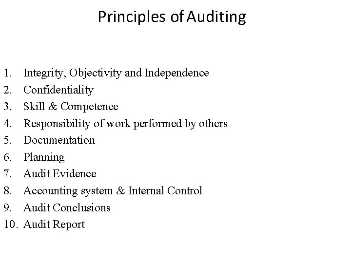 Principles of. Auditing 1. 2. 3. 4. 5. 6. 7. 8. 9. 10. Integrity,
