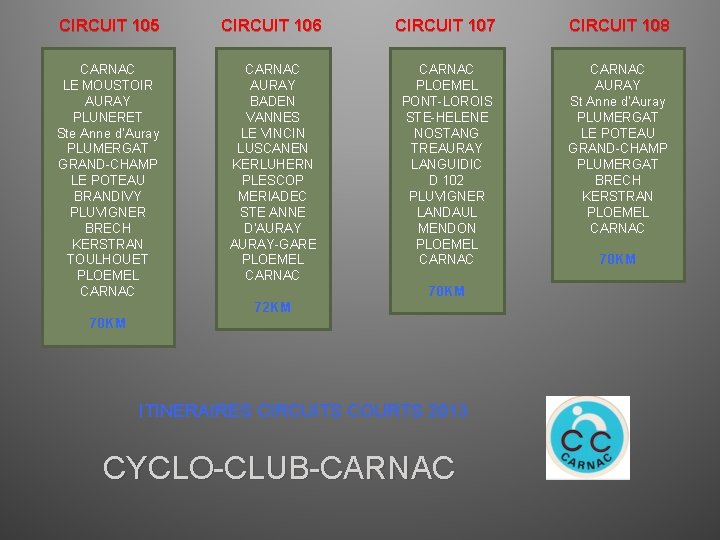 CIRCUIT 105 CIRCUIT 106 CIRCUIT 107 CIRCUIT 108 CARNAC LE MOUSTOIR AURAY PLUNERET Ste