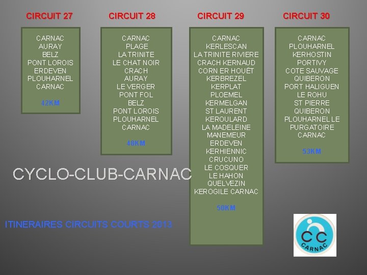 CIRCUIT 27 CARNAC AURAY BELZ PONT LOROIS ERDEVEN PLOUHARNEL CARNAC 42 KM CIRCUIT 28