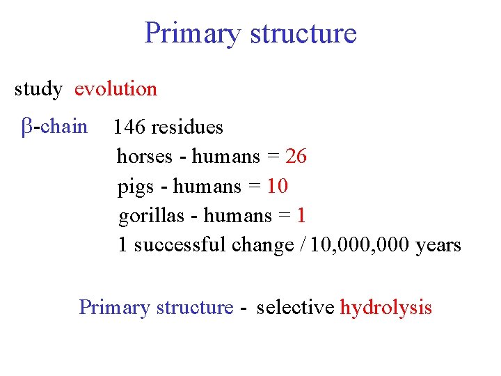 Primary structure study evolution -chain 146 residues horses - humans = 26 pigs -