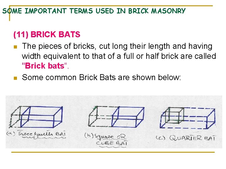 SOME IMPORTANT TERMS USED IN BRICK MASONRY (11) BRICK BATS n The pieces of