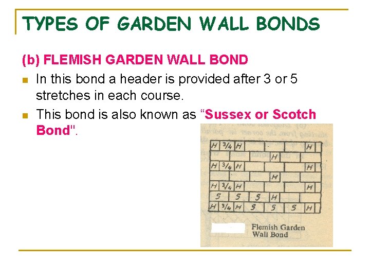 TYPES OF GARDEN WALL BONDS (b) FLEMISH GARDEN WALL BOND n In this bond